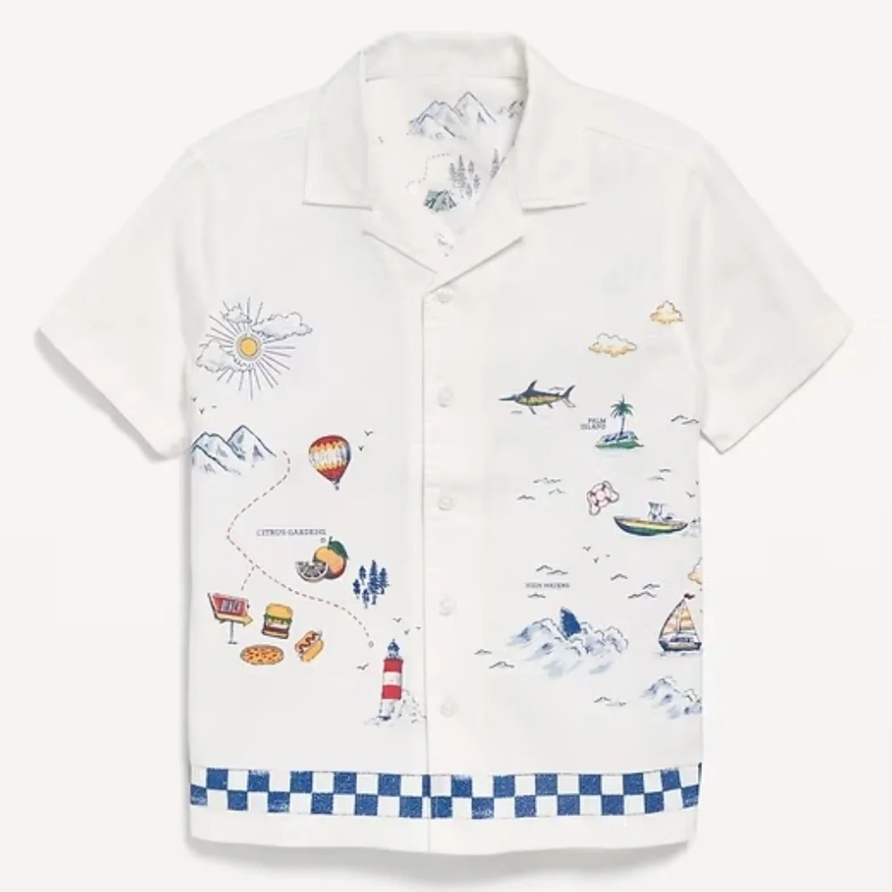 Old Navy Boys Resort Camp Shirt Travel Print Checker Trim XL 14-16